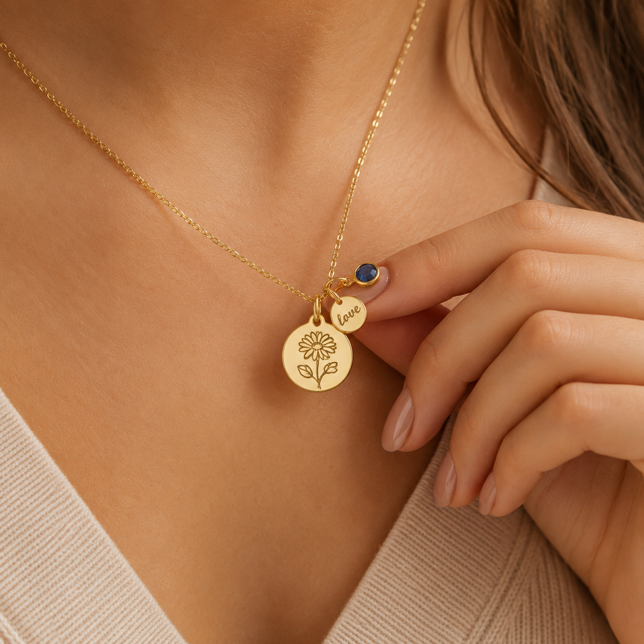 Engraved Birth Flower & Birthstone Necklace | Name Disc Pendant
