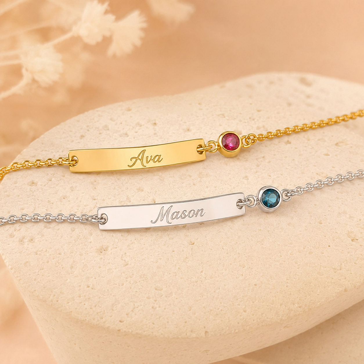 Personalized Birthstone Bar Bracelet | Engraved Name or Date